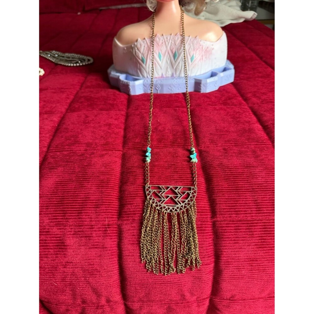 Gold-Tone Fringe Pendant Necklace with Turquoise Accents